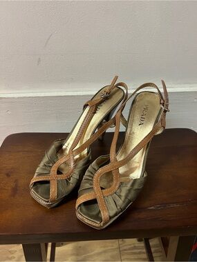 Prada Olive Satin & Tan Leather Slingback Heels